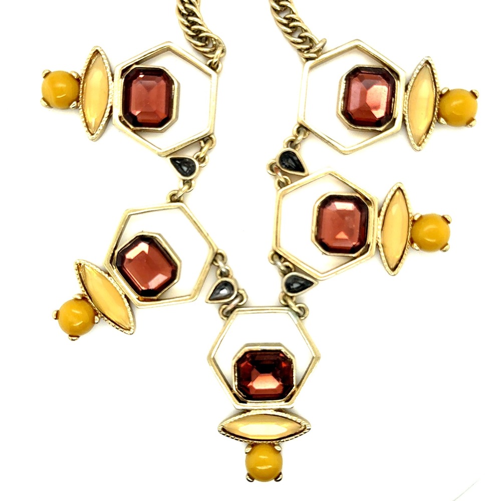 The Limited Geometric Hexagon Statement Necklace Gold Tone Amber Yellow Resin